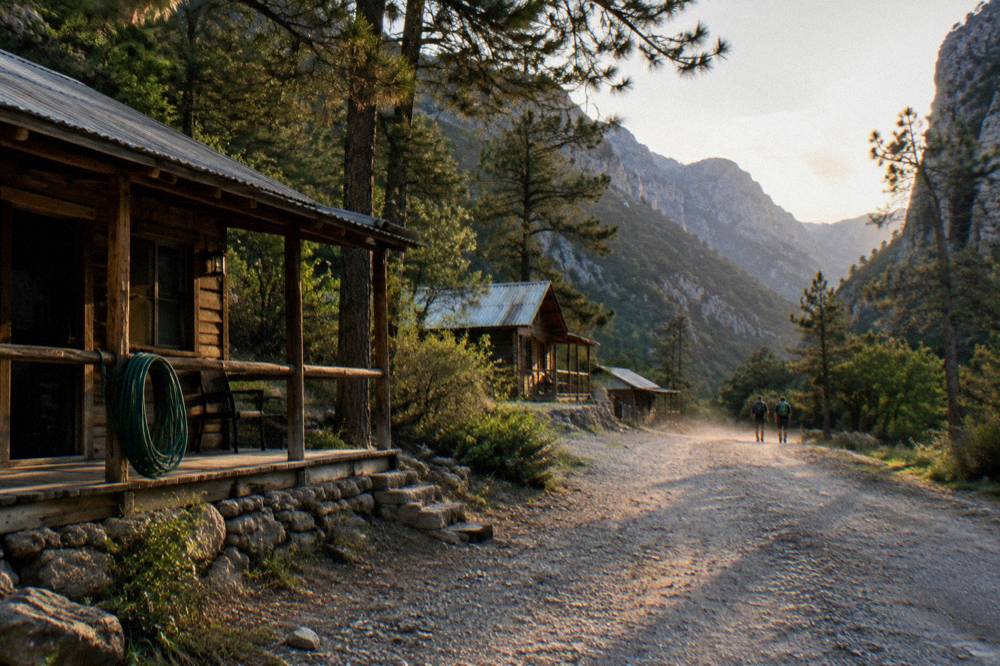 Woodland cabins beside a mountain road near Santiago in late afternoon light