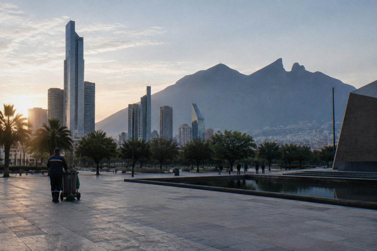 View of mountains rising behind the Monterrey skyline at sunrise