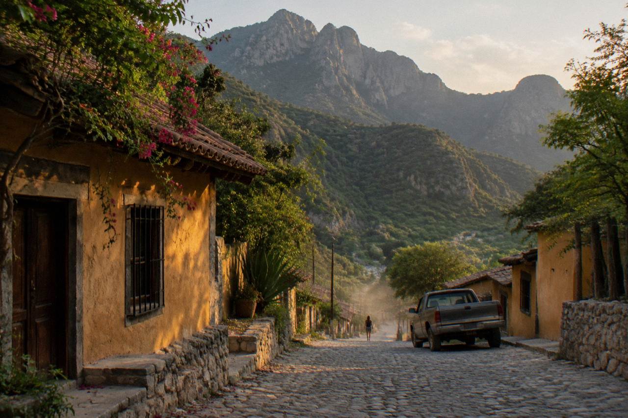 Quiet mountain town street beneath forested peaks at golden hour