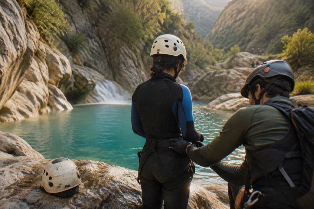 Guide checking harness buckles on a canyoneer beside a turquoise pool