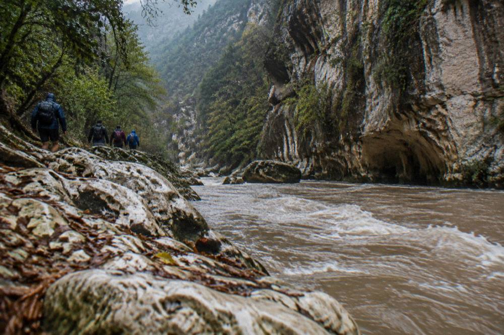 Swift brown river rushing between boulders in a forested canyon after rain