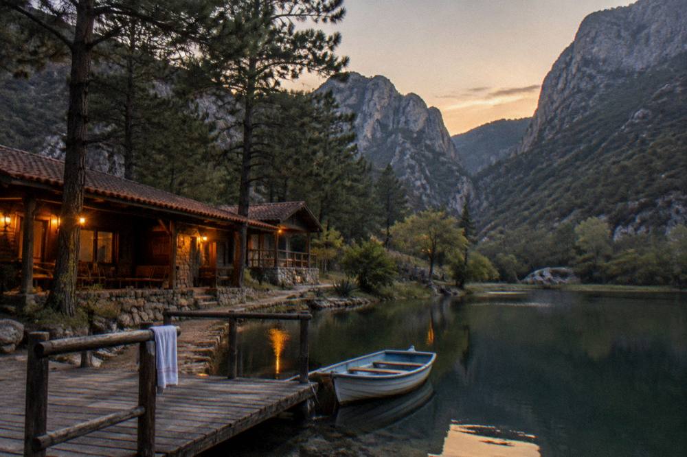Wooden cabin with porch lights among pines above a lake at dusk