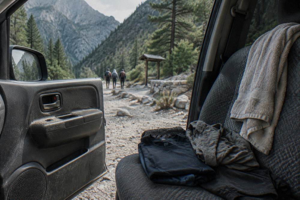Dry clothes and a towel folded on a car seat after a canyon descent