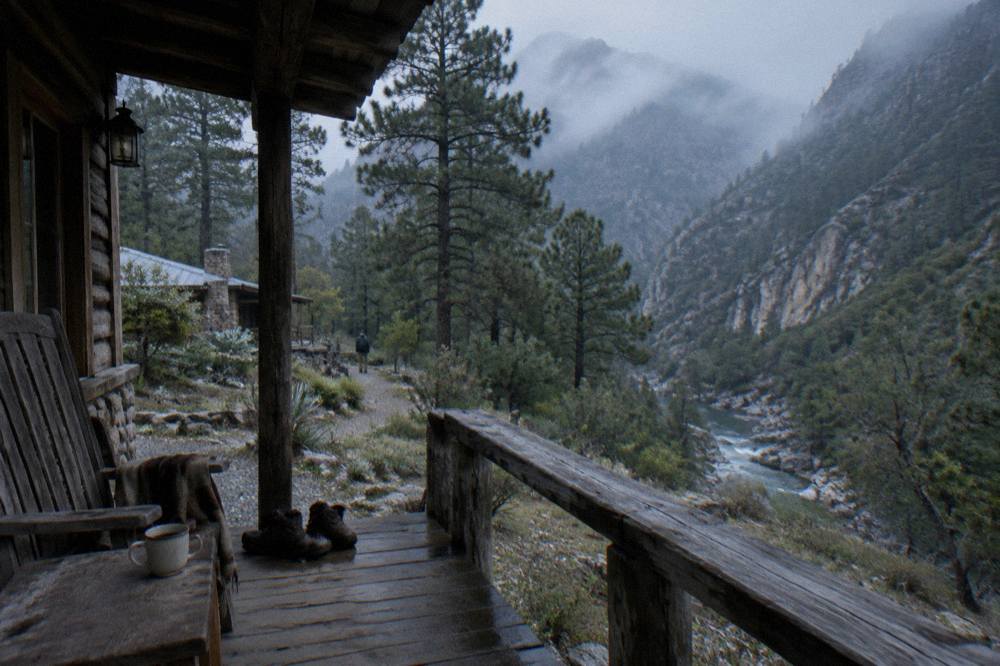 Rustic wooden cabin with a porch set among pine trees in the mountains of Santiago